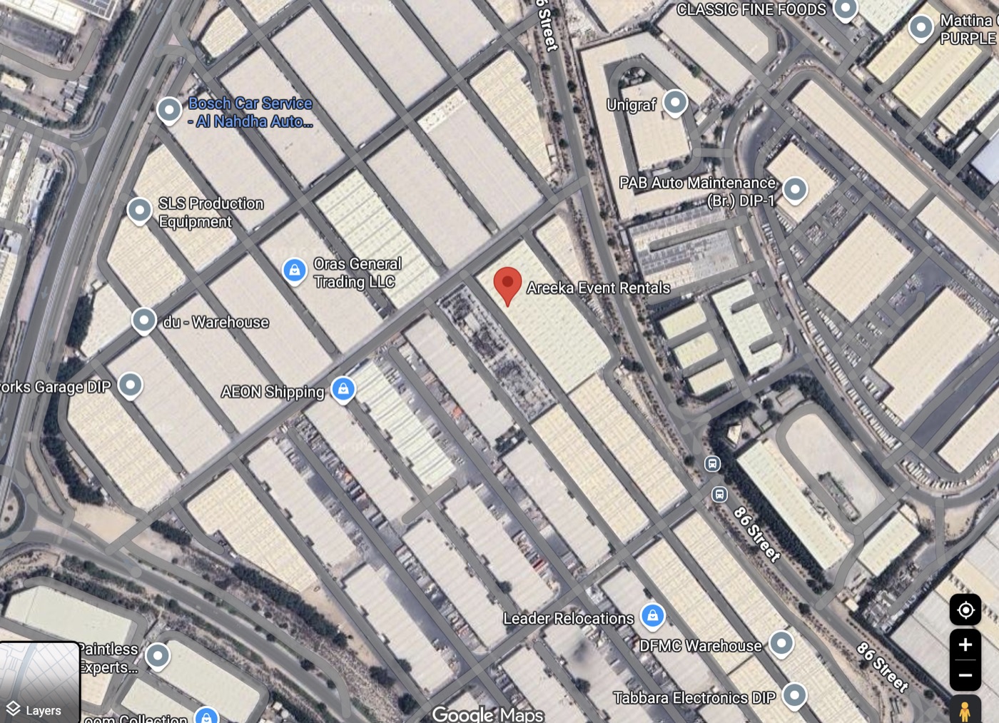 Satellite map showing Areeka Event Rentals in Dubai Investment Park 1.