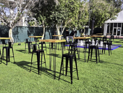 Square Wood Cocktail Table, Wooden High Table, Black Bar Stool, Metal High Chair