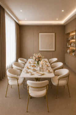 Aster Rectangular Gold Bistro Table with semi-gloss white tabletop and gold legs paired with Empress Beige Dining Chairs for luxury event rentals in Dubai UAE