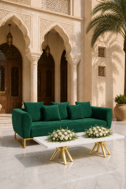 Luxury Majlis Lounge Setup Rental Dubai | Green Velvet Sofa & Gold Coffee Table UAE