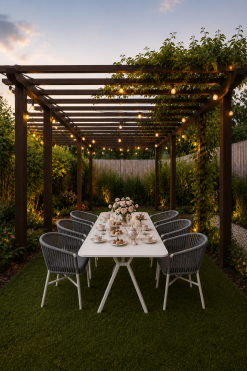 Aster Rectangular White Bistro Table rental in UAE – 8-seater white event dining table with semi-gloss wood top and white metal legs