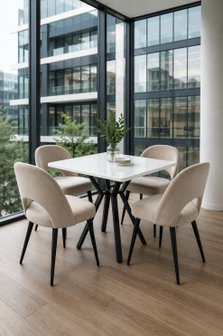 Square cafe dining table rental with white wooden top and black metal legs for events in Dubai UAE