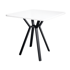 Square cafe dining table rental with white wooden top and black metal legs for events in Dubai UAE