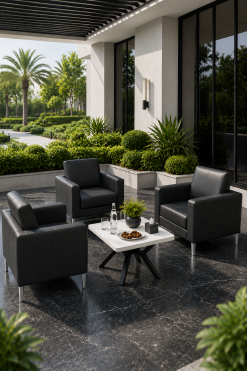 Aster square coffee table with Sophie black armchairs rental for VIP lounge events in Dubai UAE