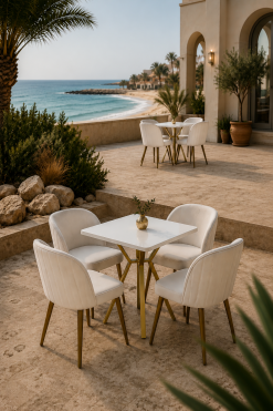 Square white and gold bistro dining table rental for luxury events in Dubai UAE