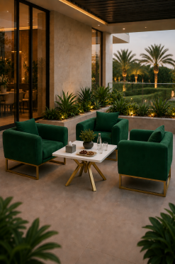 Aster square gold coffee table with Eleganza green velvet lounge chairs for luxury event setup in Dubai UAE
