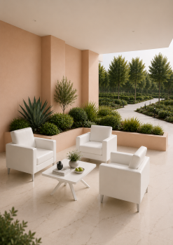 Modern white square coffee table with black metal legs for weddings and corporate events in the UAE.
