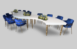 S Shaped Dining Table, White and Gold Dining Table, Blue Dining Chair, Velvet Blue Dining Table