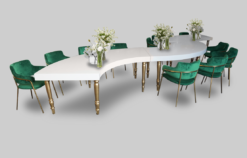 S Shaped Dining Table, White and Gold Dining Table, Green Dining Chair, Velvet Green Dining Chair