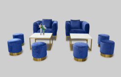 Velvet Sofa, Blue Velvet Sofa, Round Pouffe, Square Coffee Table