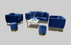 Velvet Sofa, Blue Velvet Sofa, Blue Round Pouffe, Square Coffee Table