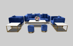 Velvet Sofa, Blue Velvet Sofa, Blue Round Pouffe, Rectangular Coffee Table, Square Coffee Table
