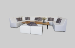 White Sofa, Square Pouffe, Wooden Table