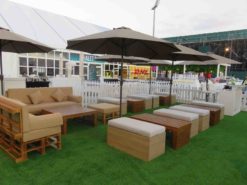 Wooden Sofa, Outdoor Sofa, 3 Seater Wooden Sofa, Ottoman, Braun Rectangular Coffee Table, Umbrella