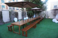 Round LED Light, Picnic Table, Outdoor Umbrella