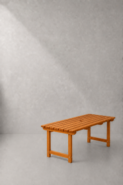 Rectangular wooden picnic table with a slatted top and warm brown finish.