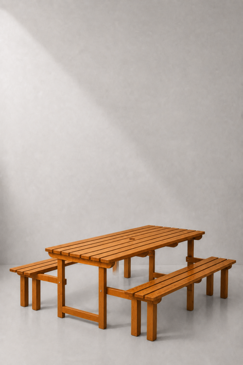Wooden picnic table with two attached benches in a warm brown finish.