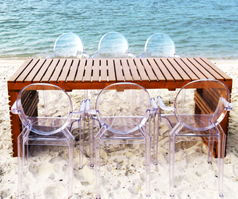 Palette Dining Table, Wooden Dining Table, Outdoor Dining Table, Ghost Chair, Clear Chair