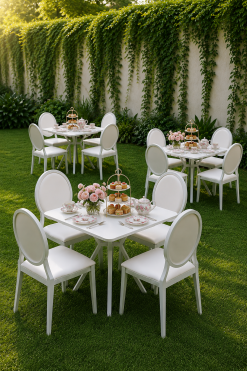 Aster Square White Bistro Table with Dior dining chairs setup for weddings, garden parties and event rentals in UAE