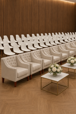 Beige fabric button sofas available for rent in Dubai, Abu Dhabi and the UAE.