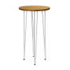 Round rustic wood high table with white hairpin legs on transparent background