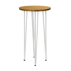 Round rustic wood high table with white hairpin legs on transparent background