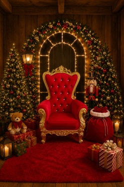 Luxury red and gold Santa throne chair setup with Christmas décor for festive event rentals in the UAE