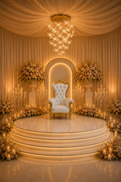 Elegant Crown Armchair setup for luxury birthdays, weddings, and VIP events in the UAE.