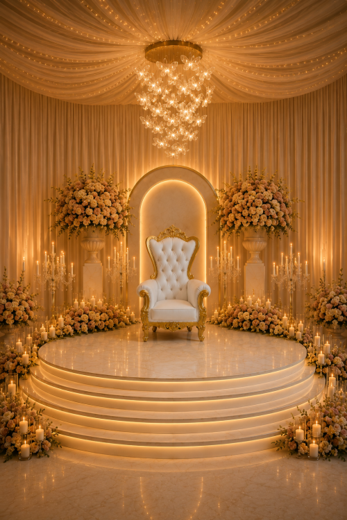 Elegant Crown Armchair setup for luxury birthdays, weddings, and VIP events in the UAE.