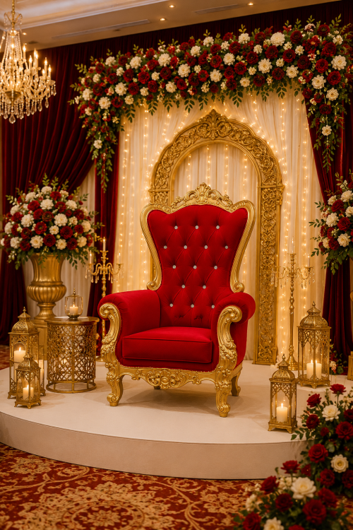 Luxury red velvet throne chair with gold frame in elegant wedding stage setup for UAE event rentals