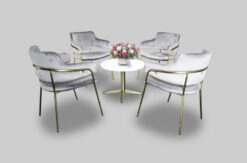 Round Coffee Table, White Top Coffee Table, Gold Leg Coffee Table, Gray Dining Chair