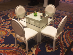 Square Glass Dining Table, Clear Glass Dining Table, White Dining Chair