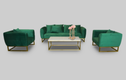 Green Sofa, Velvet Sofa, Green Single Seater Sofa, 3 Seater Green Sofa, Rectangular Coffee Table, White Coffee Table, White and Gold Coffee Table