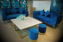 Velvet Sofa, Eleganza Round Pouffe, Rectangular Coffee Table