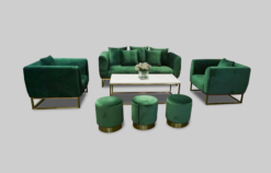 Velvet Sofa, Green Velvet Sofa, Green Round Pouffe, Rectangular Coffee Table