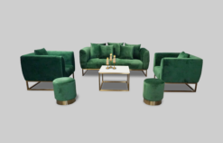 Velvet Sofa, Green Velvet Sofa, Green Round Pouffe, Square Coffee Table