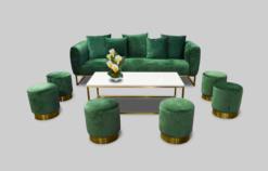 Velvet Sofa, Green Velvet Sofa, Green Round Pouffe, Rectangular Coffee Table