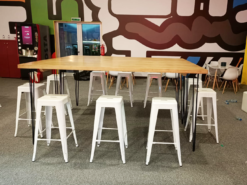 Wooden Cocktail Table, Rustic Cocktail Table, White Bar Stool, Metal Bar Stool