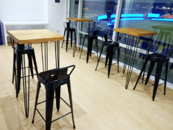 Square Cocktail Table, Wooden Cocktail Table, Rustic High Table, Black Bar Chair, Metal Bar Chair