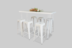 White Cocktail Table, White High Table, Rectangular Cocktail Table, 6 Seater Cocktail Table, White Bar Stool, Metal Bar Stool