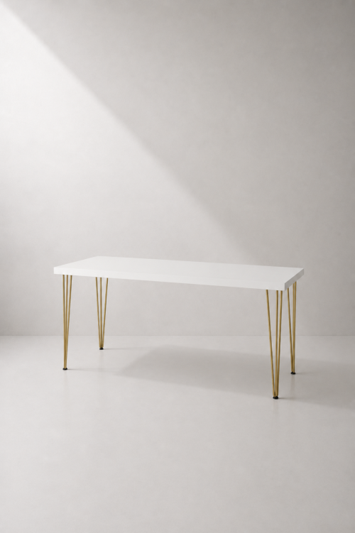 Hairpin Long White Dining Table, Gold Legs - Image 2