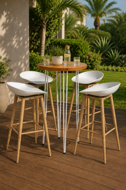 Hairpin Pearl Rustic High Table with White Legs paired with four Scandinavian Barstools on a wooden patio with GCC-style garden landscaping in the UAE.