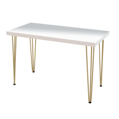 Hairpin Rectangular White Dining Table, Gold Legs