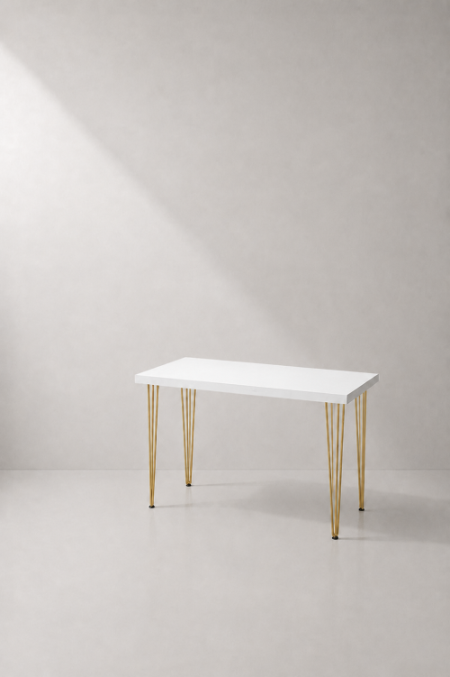 Hairpin Rectangular White Dining Table, Gold Legs - Image 2