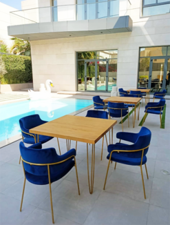 Wooden Square Dining Table, Rustic Dining Table, 4 Seater Dining Table, Blue Dining Chair, Velvet Dining Chair