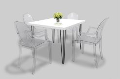 White Dining Table, Square Table, 4 Seater Dining Table, Hairpin Table