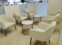 Round Coffee Table, Metal Coffee table, Gold Coffee Table, Beige Chair, Wooden Leg Chair