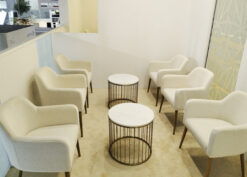 Round Coffee Table, Metal Coffee Table, Gold coffee Table, Beige Chair, Wooden Leg Chair