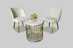 beige chair with gold coffee table