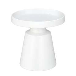 La Rioja modern contemporary round side table in milk-white metal with circular tray top and pedestal base